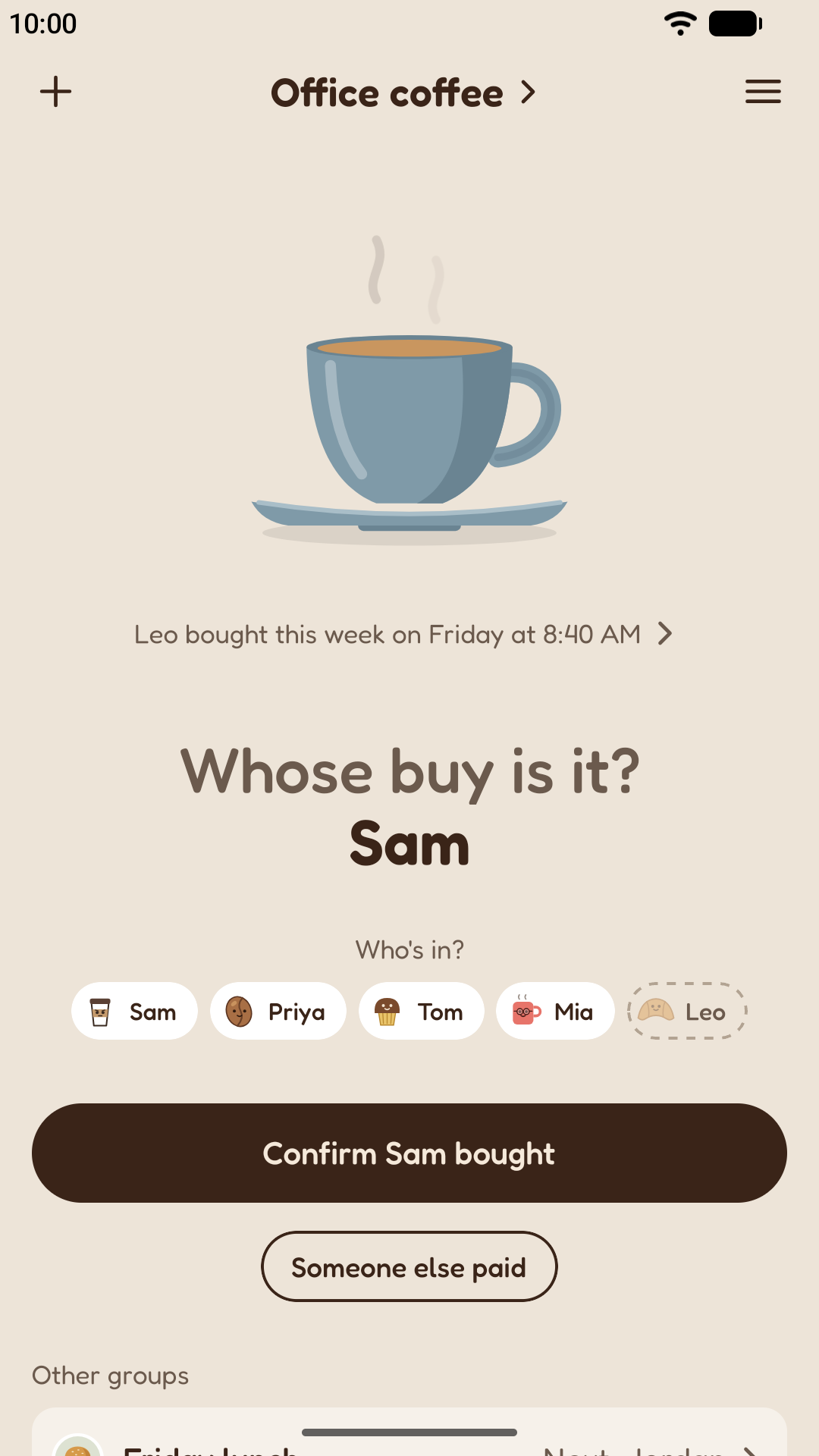 Today, with Sam's name highlighted